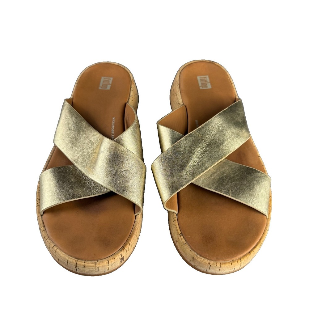FitFlop F Mode Sandals Size 11 Gold Metallic Leather Cross Slide Cork Platform